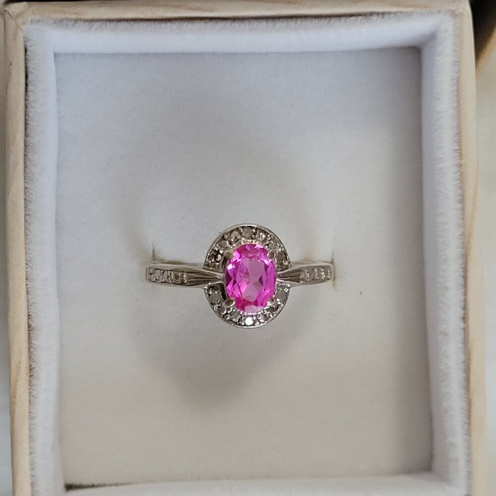 Pink Sapphire Diamond 10k White Gold Ring October Birthstone Size 7 Womens - Picture 2 of 11